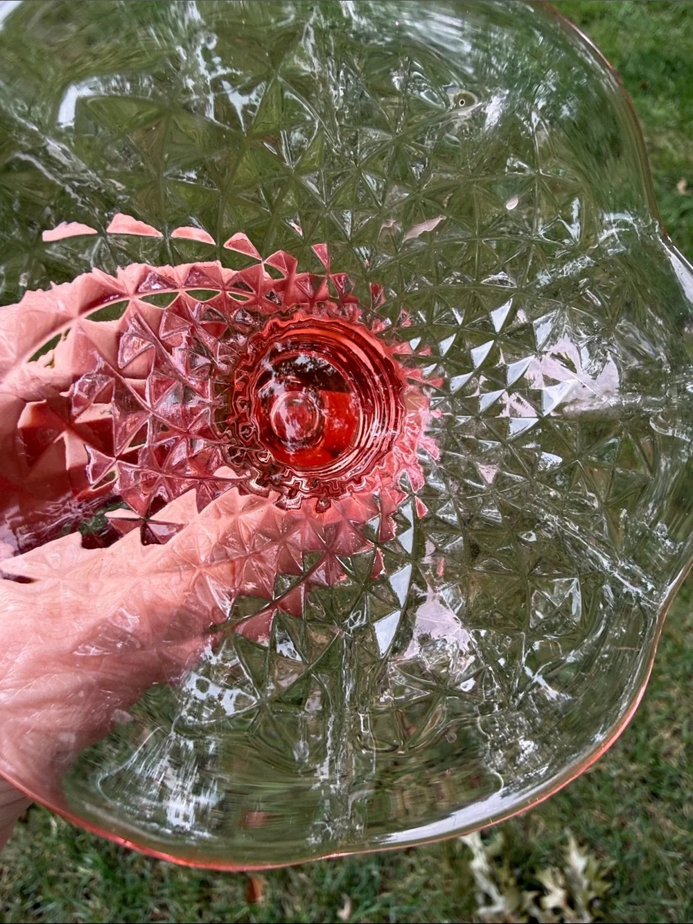 Pink Depression Glass Candle Holder with Unique Scalloped & Patterned Base EC